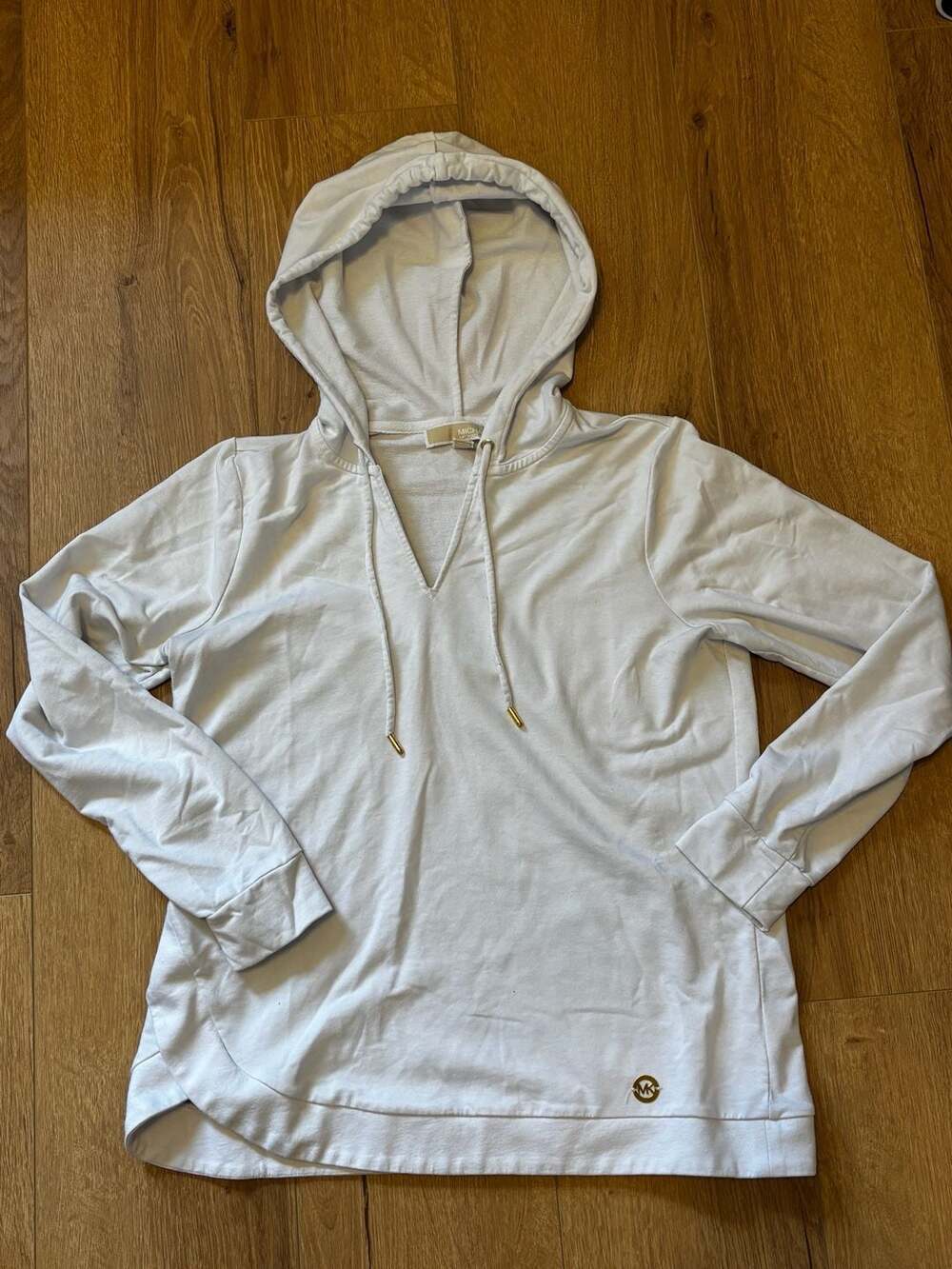 Michael Kors White V-Neck Drawstring Hoodie Sweatshirt Size M